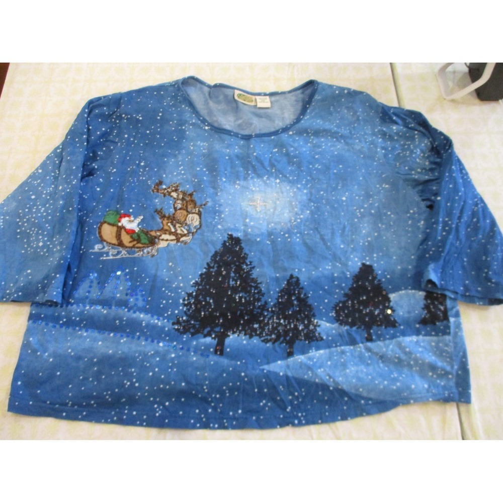 Collections Etc Top Womens XXL Blue Christmas Santa Sequins Beads Xmas